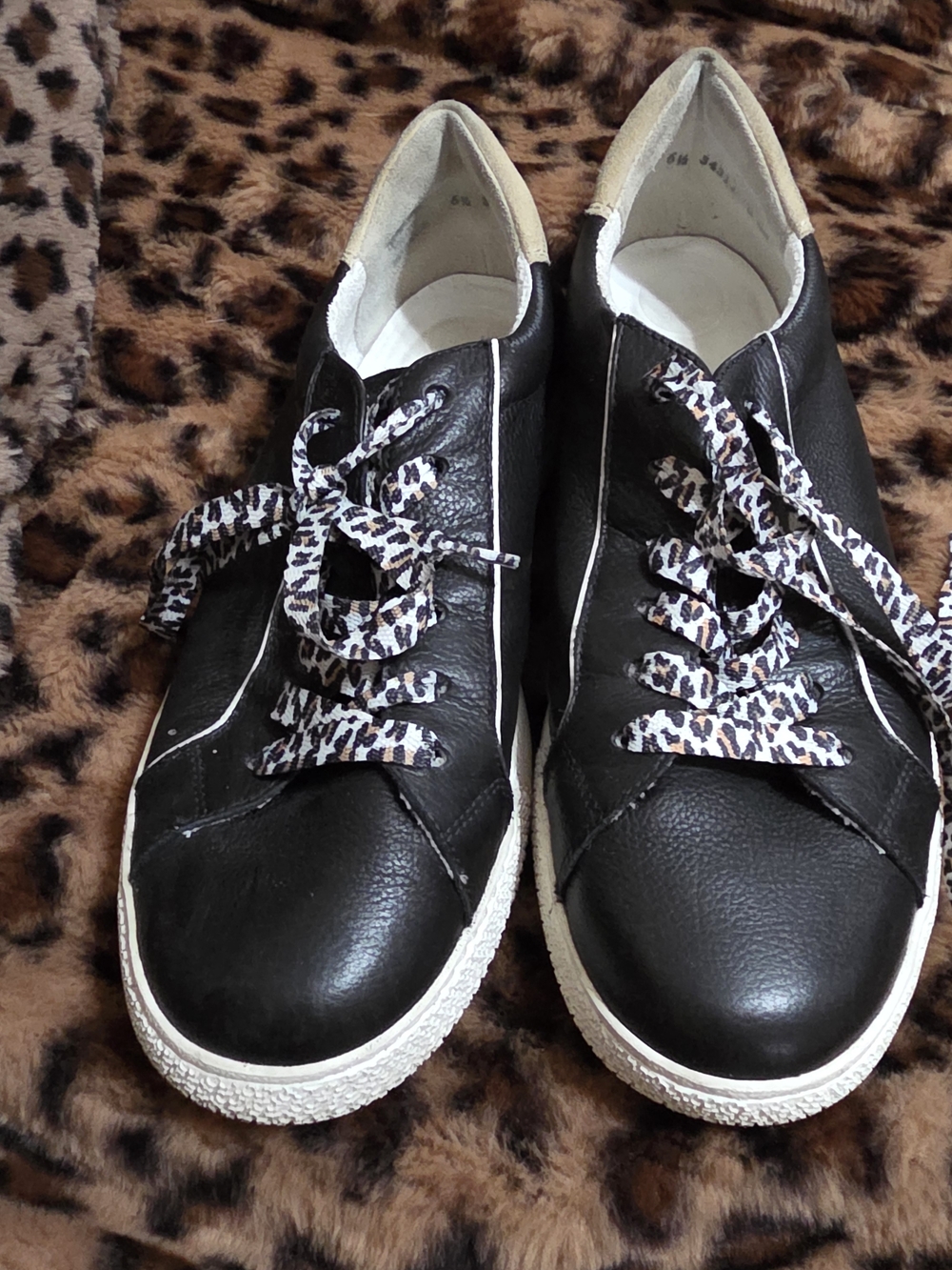 Paul Green Black Leather Sneakers with Leopard Print Laces